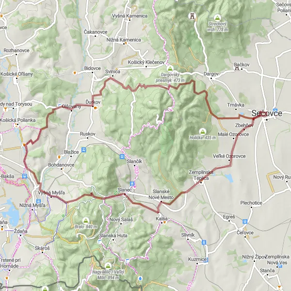 Map miniature of "Zemplínska Teplica - Vyšná Myšľa - Margita - Ploská Gravel Challenge" cycling inspiration in Východné Slovensko, Slovakia. Generated by Tarmacs.app cycling route planner