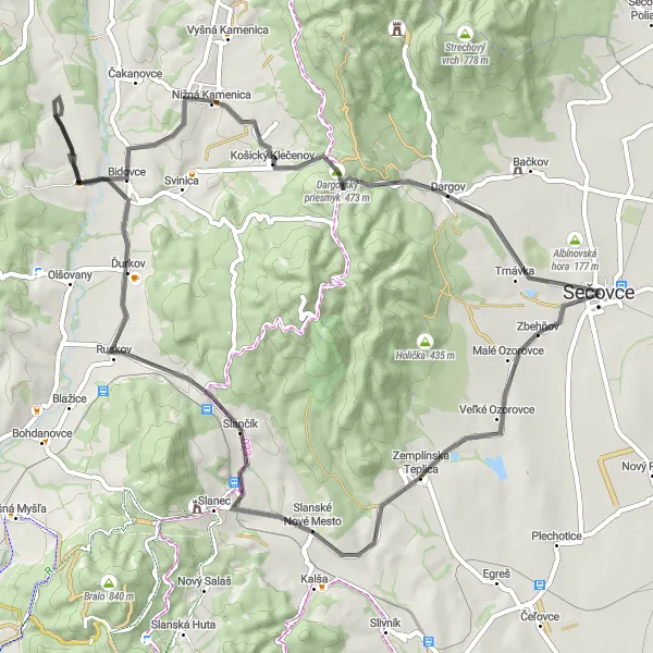 Mapa miniatúra "Hrdinský okruh cez Dargov" cyklistická inšpirácia v Východné Slovensko, Slovakia. Vygenerované cyklistickým plánovačom trás Tarmacs.app