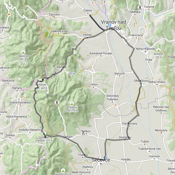 Miniatura mapy "Trasa rowerowa wokół Sečovce z przystankiem w Vranov nad Toplou" - trasy rowerowej w Východné Slovensko, Slovakia. Wygenerowane przez planer tras rowerowych Tarmacs.app