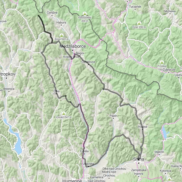 Map miniature of "Šariš Castle Road Ride" cycling inspiration in Východné Slovensko, Slovakia. Generated by Tarmacs.app cycling route planner