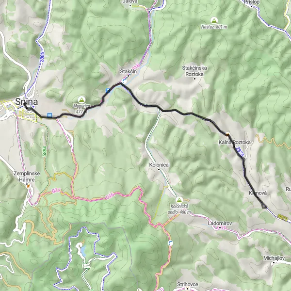 Map miniature of "Novina to Snina Road Cycling Route" cycling inspiration in Východné Slovensko, Slovakia. Generated by Tarmacs.app cycling route planner