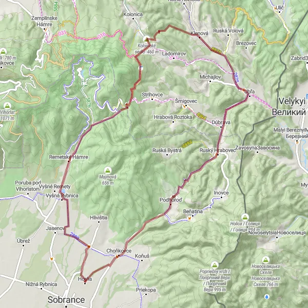 Map miniature of "The Gravel Adventure" cycling inspiration in Východné Slovensko, Slovakia. Generated by Tarmacs.app cycling route planner