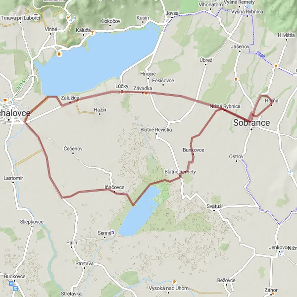 Miniaturní mapa "Gravel Sobrance - Zemplínska Široká - Bunkovce" inspirace pro cyklisty v oblasti Východné Slovensko, Slovakia. Vytvořeno pomocí plánovače tras Tarmacs.app