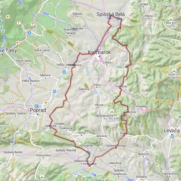 Map miniature of "Spišská Belá and Kežmarok Gravel Adventure" cycling inspiration in Východné Slovensko, Slovakia. Generated by Tarmacs.app cycling route planner