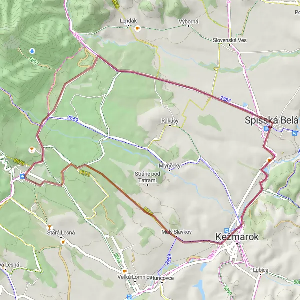 Mapa miniatúra "Gravelový výlet okolo Spišskej Belá" cyklistická inšpirácia v Východné Slovensko, Slovakia. Vygenerované cyklistickým plánovačom trás Tarmacs.app