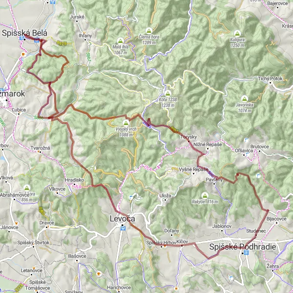 Map miniature of "Spišská Belá Gravel Challenge" cycling inspiration in Východné Slovensko, Slovakia. Generated by Tarmacs.app cycling route planner