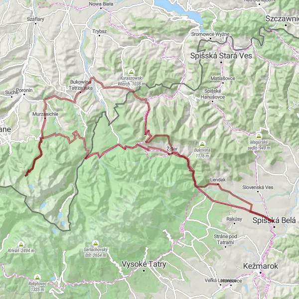 Map miniature of "Tatranská Kotlina and Bukowina Tatrzańska Epic Gravel Route" cycling inspiration in Východné Slovensko, Slovakia. Generated by Tarmacs.app cycling route planner
