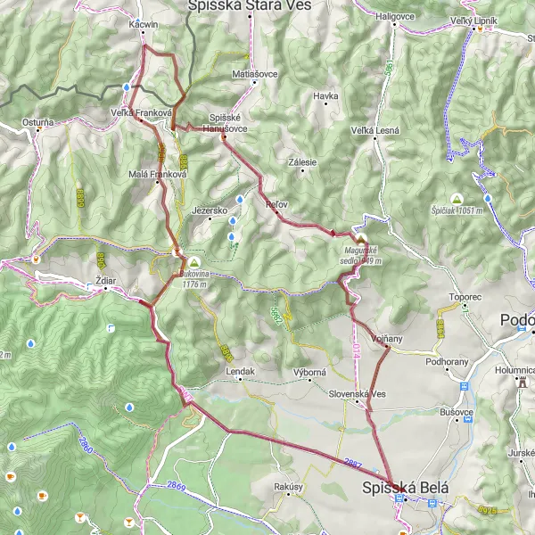 Miniaturní mapa "Trasa kolem Spišské Belé" inspirace pro cyklisty v oblasti Východné Slovensko, Slovakia. Vytvořeno pomocí plánovače tras Tarmacs.app