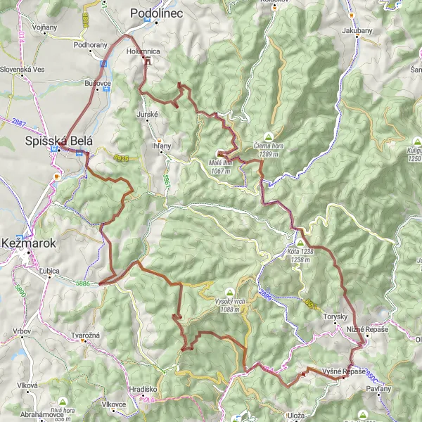 Mapa miniatúra "Gravel around Spišská Belá" cyklistická inšpirácia v Východné Slovensko, Slovakia. Vygenerované cyklistickým plánovačom trás Tarmacs.app