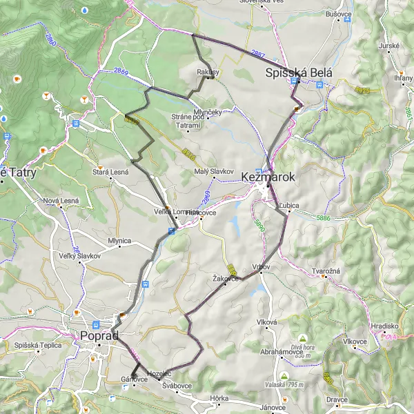 Map miniature of "Spišská Belá to Veľká Lomnica" cycling inspiration in Východné Slovensko, Slovakia. Generated by Tarmacs.app cycling route planner
