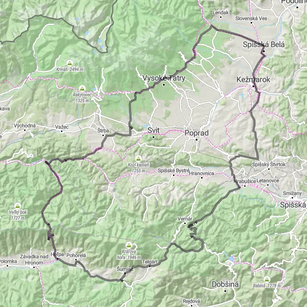 Map miniature of "Spišská Belá and Vysoké Tatry Climbers' Challenge" cycling inspiration in Východné Slovensko, Slovakia. Generated by Tarmacs.app cycling route planner