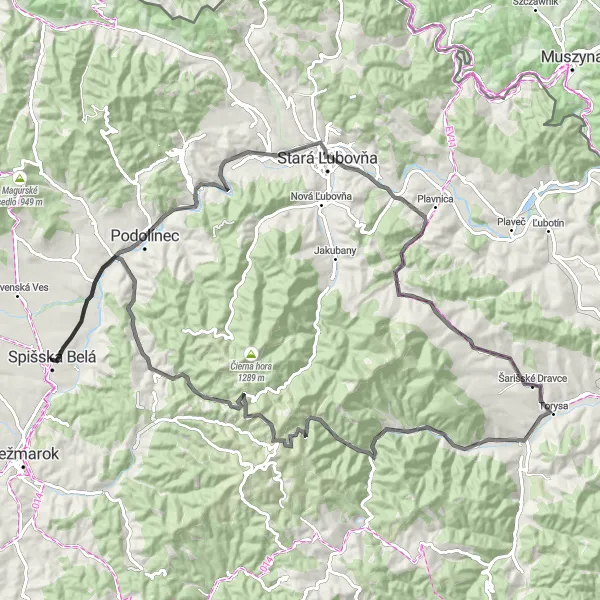 Map miniature of "Spišská Belá and Stará Ľubovňa Scenic Road Ride" cycling inspiration in Východné Slovensko, Slovakia. Generated by Tarmacs.app cycling route planner