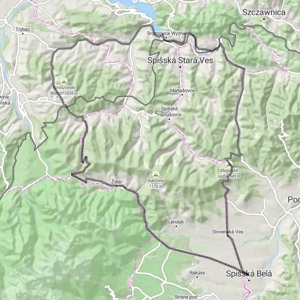 Map miniature of "Spišská Belá - Osturňa - Červený Kláštor" cycling inspiration in Východné Slovensko, Slovakia. Generated by Tarmacs.app cycling route planner