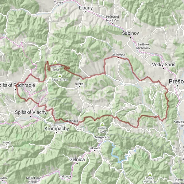 Mapa miniatúra "Gravel bike tour around Spišské Podhradie" cyklistická inšpirácia v Východné Slovensko, Slovakia. Vygenerované cyklistickým plánovačom trás Tarmacs.app