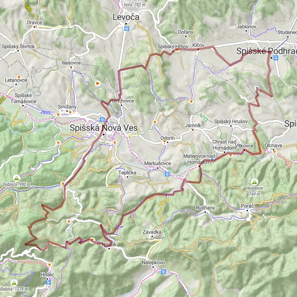 Map miniature of "Gravel Hillside Challenge" cycling inspiration in Východné Slovensko, Slovakia. Generated by Tarmacs.app cycling route planner