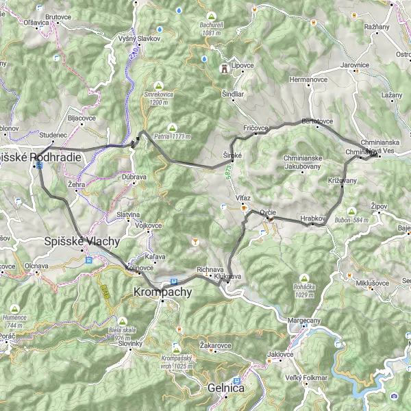 Map miniature of "Castles and Hills Adventure" cycling inspiration in Východné Slovensko, Slovakia. Generated by Tarmacs.app cycling route planner