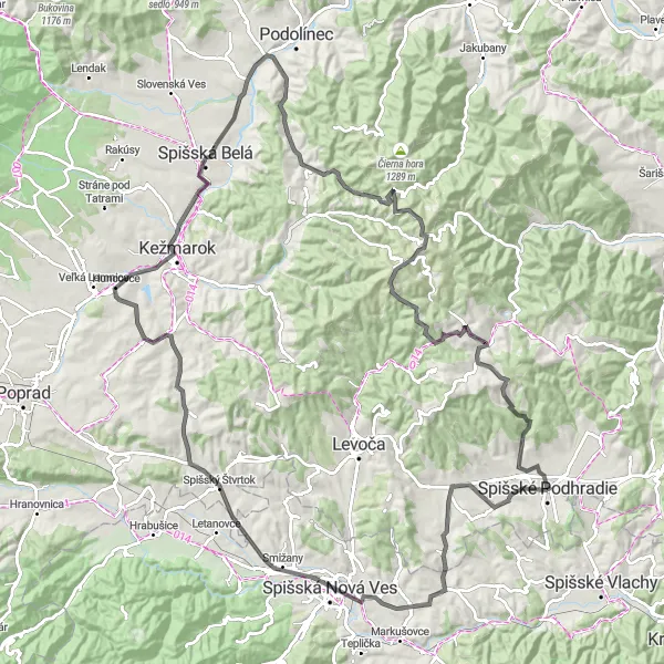 Mapa miniatúra "Cestná trasa cez Spišské Podhradie" cyklistická inšpirácia v Východné Slovensko, Slovakia. Vygenerované cyklistickým plánovačom trás Tarmacs.app