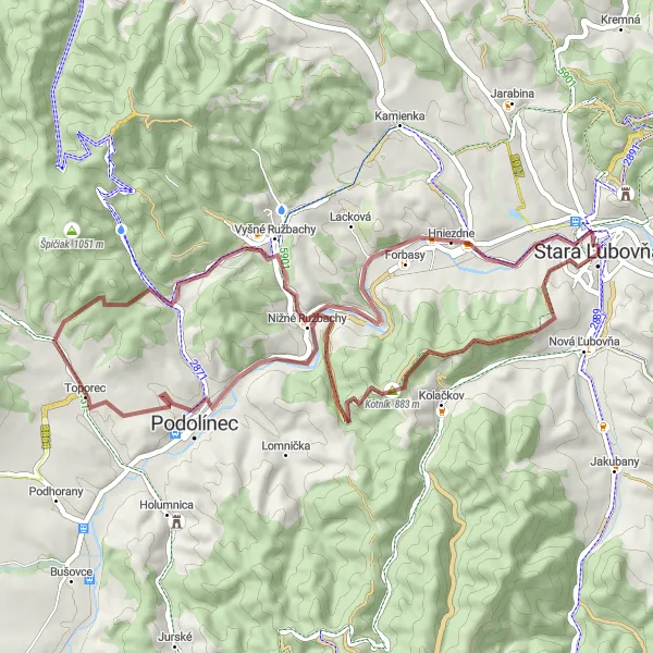 Mapa miniatúra "Gravel dobrodružstvo v okolí Stará Ľubovňa" cyklistická inšpirácia v Východné Slovensko, Slovakia. Vygenerované cyklistickým plánovačom trás Tarmacs.app