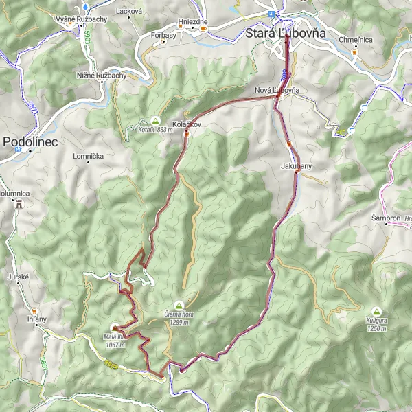 Map miniature of "Gravel Adventure to Nízka Hora" cycling inspiration in Východné Slovensko, Slovakia. Generated by Tarmacs.app cycling route planner