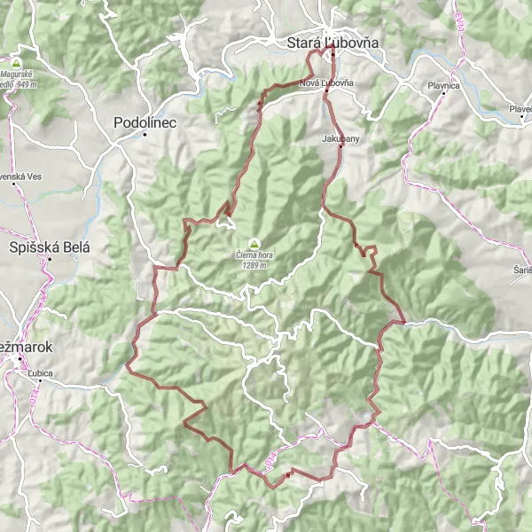 Map miniature of "Stará Ľubovňa Gravel Adventure" cycling inspiration in Východné Slovensko, Slovakia. Generated by Tarmacs.app cycling route planner