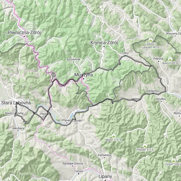 Miniaturní mapa "Cyklotrasa Stará Ľubovňa - Modrenina" inspirace pro cyklisty v oblasti Východné Slovensko, Slovakia. Vytvořeno pomocí plánovače tras Tarmacs.app