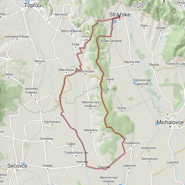 Map miniature of "The Rural Escape" cycling inspiration in Východné Slovensko, Slovakia. Generated by Tarmacs.app cycling route planner