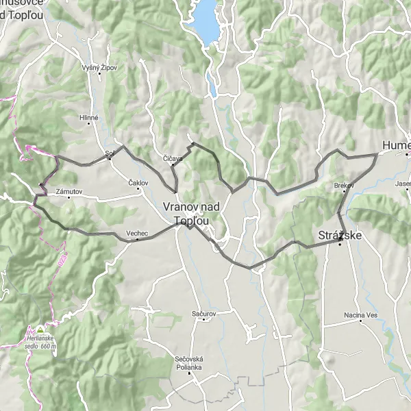 Map miniature of "The Eastern Castle Loop" cycling inspiration in Východné Slovensko, Slovakia. Generated by Tarmacs.app cycling route planner