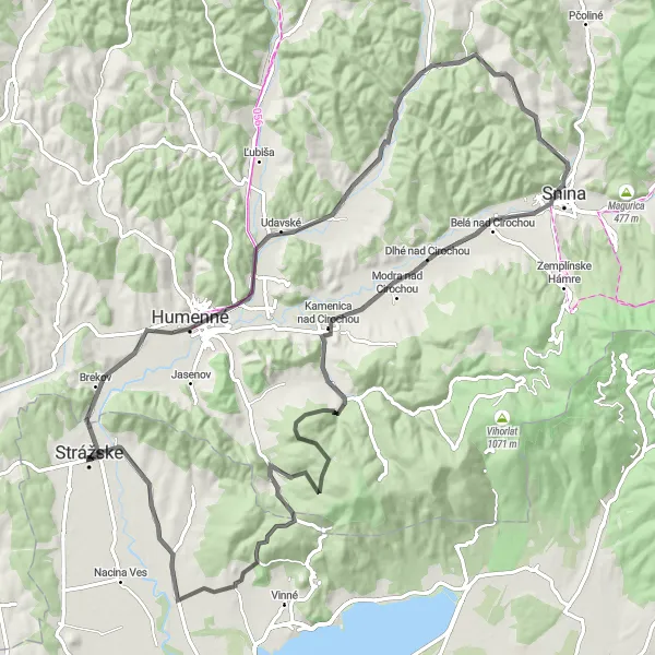 Map miniature of "The Hilly Humenné" cycling inspiration in Východné Slovensko, Slovakia. Generated by Tarmacs.app cycling route planner