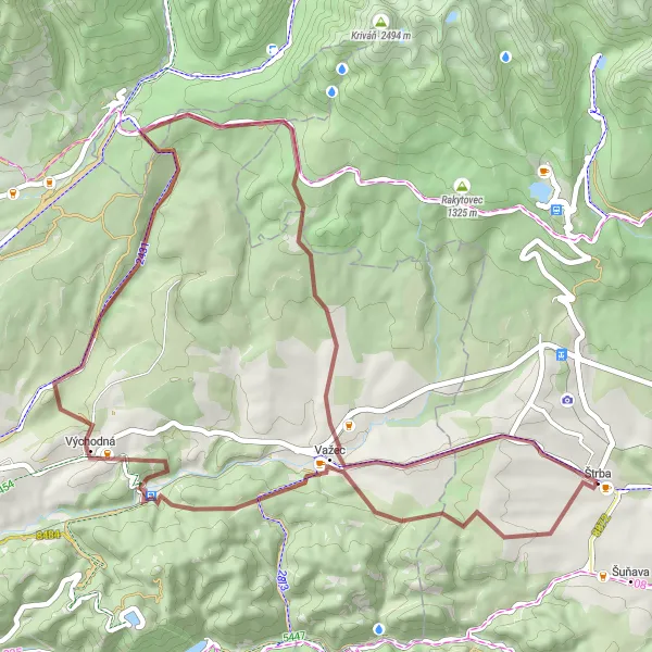 Map miniature of "The Mountain Explorer" cycling inspiration in Východné Slovensko, Slovakia. Generated by Tarmacs.app cycling route planner