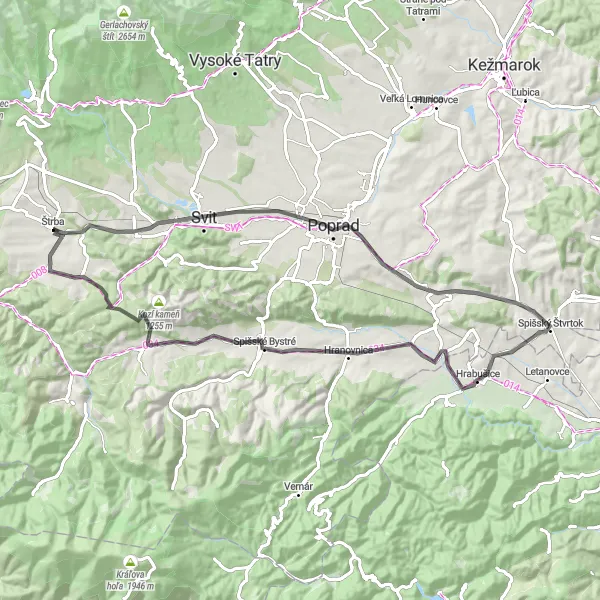 Map miniature of "Tatras Panorama Express" cycling inspiration in Východné Slovensko, Slovakia. Generated by Tarmacs.app cycling route planner