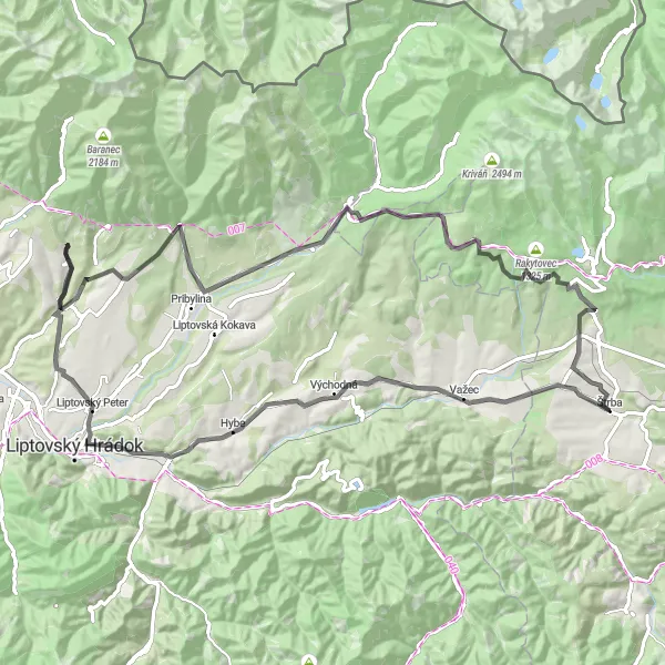 Map miniature of "The Martin Loop" cycling inspiration in Východné Slovensko, Slovakia. Generated by Tarmacs.app cycling route planner