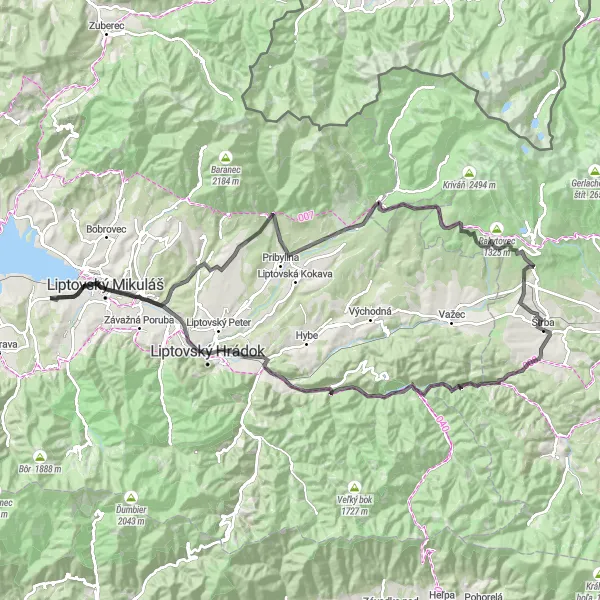 Map miniature of "Štrba and Beyond" cycling inspiration in Východné Slovensko, Slovakia. Generated by Tarmacs.app cycling route planner