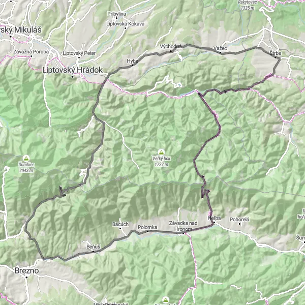 Map miniature of "Štrba to Šoldov Round-Trip" cycling inspiration in Východné Slovensko, Slovakia. Generated by Tarmacs.app cycling route planner