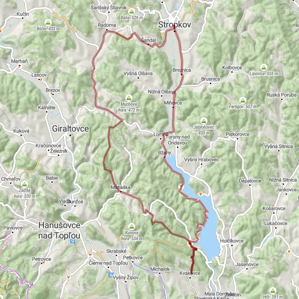 Map miniature of "Stropkov - Baranov - Kvakovce - Detrík - Turenka - Rojov" cycling inspiration in Východné Slovensko, Slovakia. Generated by Tarmacs.app cycling route planner