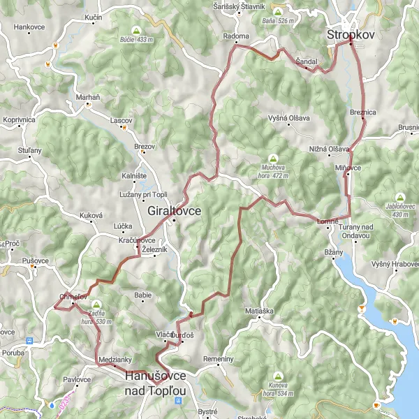 Mapa miniatúra "Gravelový výlet cez Rojov a Kručov" cyklistická inšpirácia v Východné Slovensko, Slovakia. Vygenerované cyklistickým plánovačom trás Tarmacs.app
