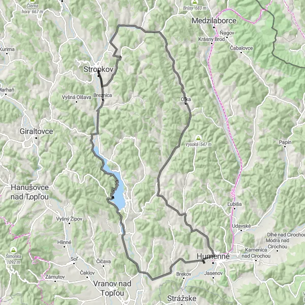 Miniaturní mapa "Jízda po kopci a údolím" inspirace pro cyklisty v oblasti Východné Slovensko, Slovakia. Vytvořeno pomocí plánovače tras Tarmacs.app