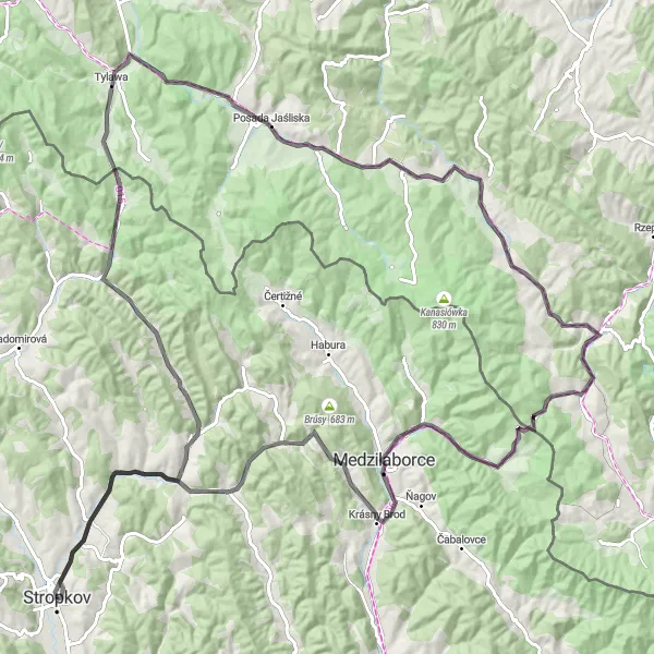 Mapa miniatúra "Cyklotrasa cez Lysú horu a Medzilaborce" cyklistická inšpirácia v Východné Slovensko, Slovakia. Vygenerované cyklistickým plánovačom trás Tarmacs.app