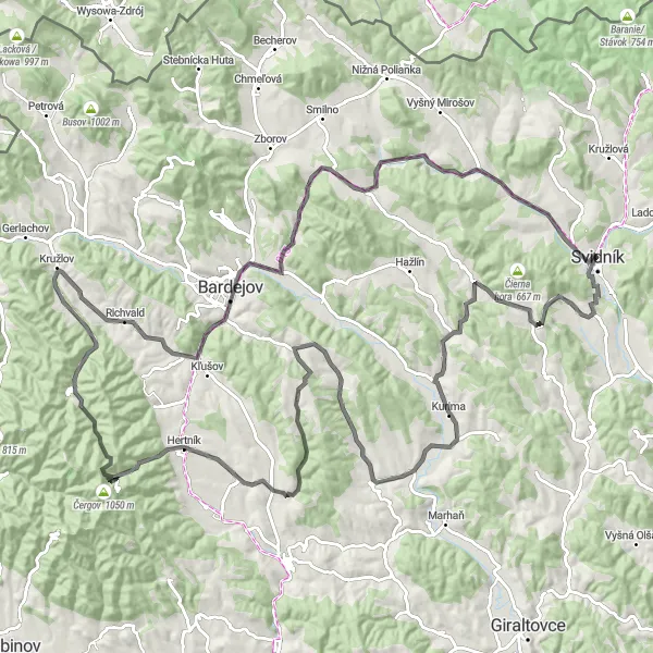 Map miniature of "Svidník to Bardejov Loop" cycling inspiration in Východné Slovensko, Slovakia. Generated by Tarmacs.app cycling route planner