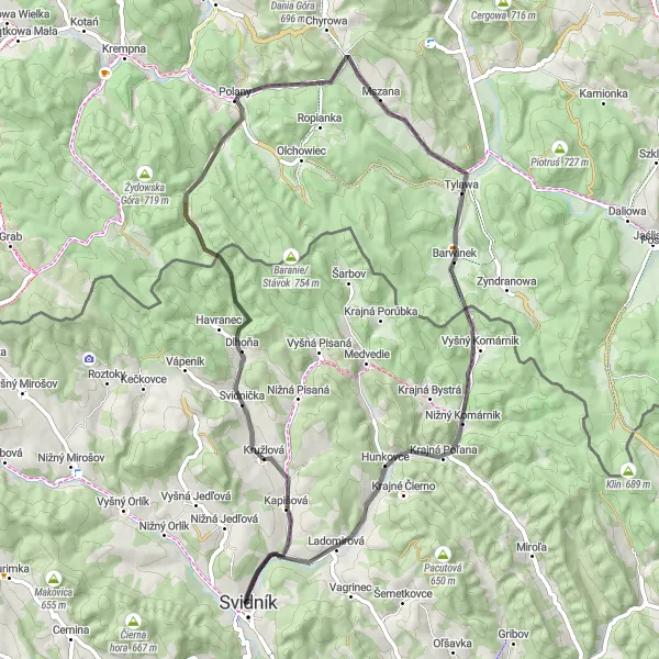 Map miniature of "Svidník to Huta Polańska Loop" cycling inspiration in Východné Slovensko, Slovakia. Generated by Tarmacs.app cycling route planner