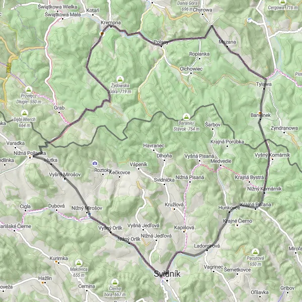 Mapa miniatúra "Cyklotrasa cez Pieniny a Beskydy" cyklistická inšpirácia v Východné Slovensko, Slovakia. Vygenerované cyklistickým plánovačom trás Tarmacs.app
