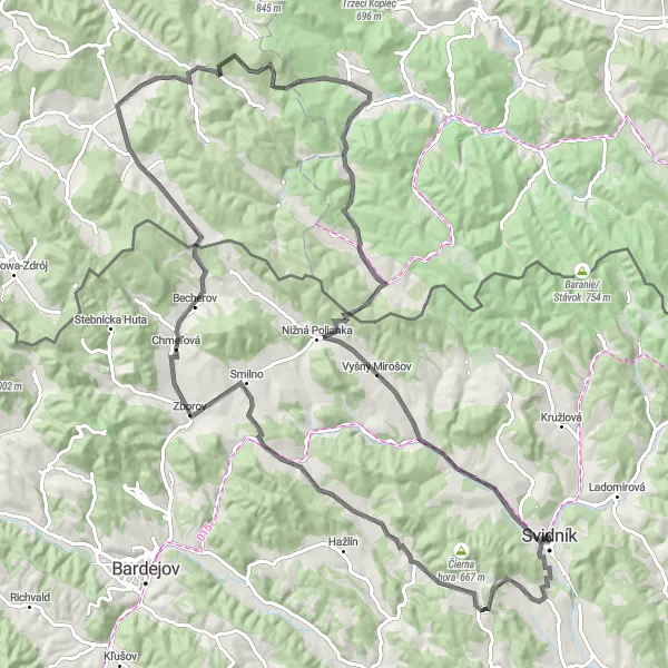 Map miniature of "Svidník to Nižná Polianka Loop" cycling inspiration in Východné Slovensko, Slovakia. Generated by Tarmacs.app cycling route planner