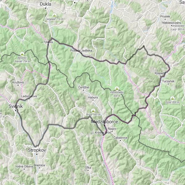 Map miniature of "Svidník to Palota Loop" cycling inspiration in Východné Slovensko, Slovakia. Generated by Tarmacs.app cycling route planner