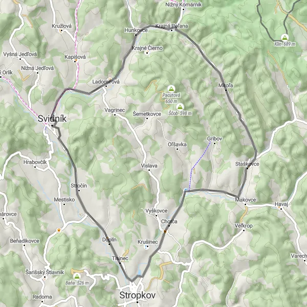 Map miniature of "Svidník to Ladomirová Loop" cycling inspiration in Východné Slovensko, Slovakia. Generated by Tarmacs.app cycling route planner