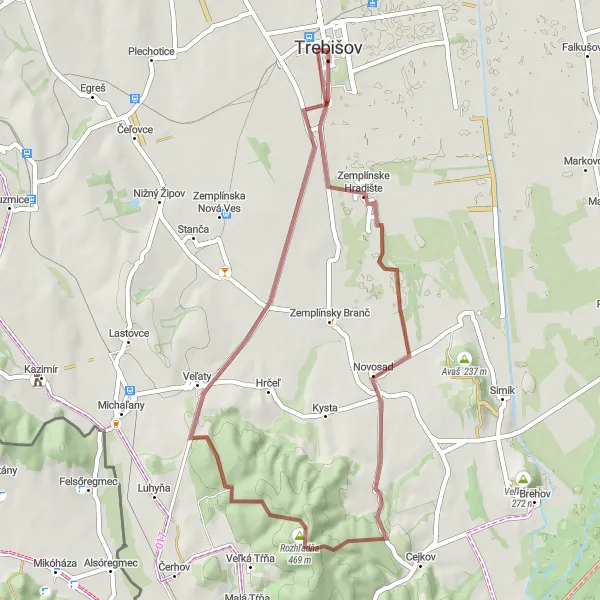 Map miniature of "The Hradište Loop" cycling inspiration in Východné Slovensko, Slovakia. Generated by Tarmacs.app cycling route planner
