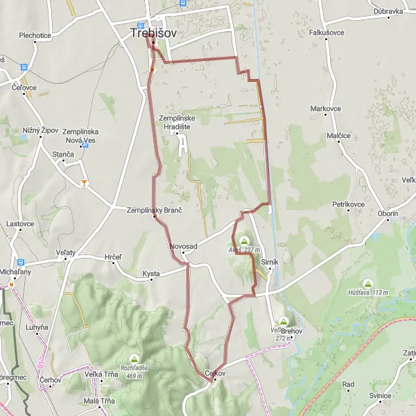 Map miniature of "The Grazing Gravel" cycling inspiration in Východné Slovensko, Slovakia. Generated by Tarmacs.app cycling route planner