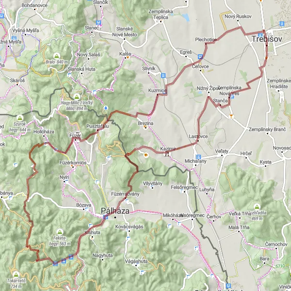 Map miniature of "The Hilly Gravel Ride Through Villages and Hills" cycling inspiration in Východné Slovensko, Slovakia. Generated by Tarmacs.app cycling route planner