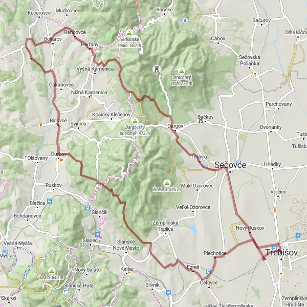 Map miniature of "The Challenging Gravel Exploration of Herľany and Nový Ruskov" cycling inspiration in Východné Slovensko, Slovakia. Generated by Tarmacs.app cycling route planner