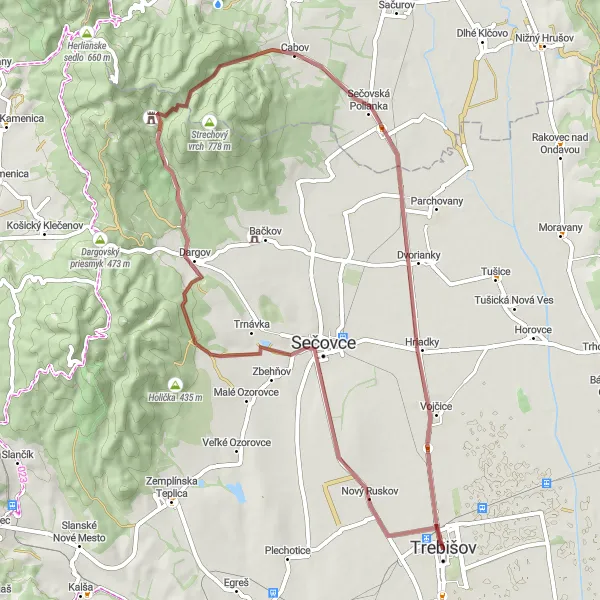 Miniaturní mapa "Gravelová cyklotrasa okolo Trebišova" inspirace pro cyklisty v oblasti Východné Slovensko, Slovakia. Vytvořeno pomocí plánovače tras Tarmacs.app