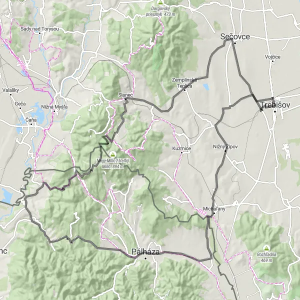 Map miniature of "The Epic Road Ride Through Alsóregmec and Abaújvár" cycling inspiration in Východné Slovensko, Slovakia. Generated by Tarmacs.app cycling route planner