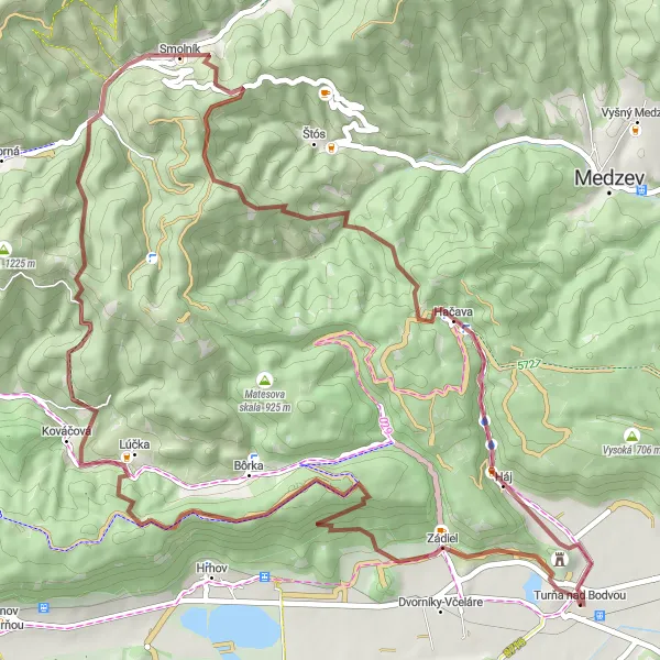 Map miniature of "Gravel Grind" cycling inspiration in Východné Slovensko, Slovakia. Generated by Tarmacs.app cycling route planner